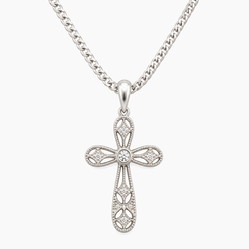 14K White Gold Cross Chain & Pendant with Natural Diamonds, 16
