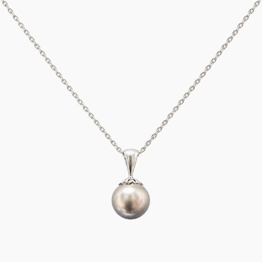 14K White Gold Fancy Chain & Pendant with Black Pearl, 16", 1.9g