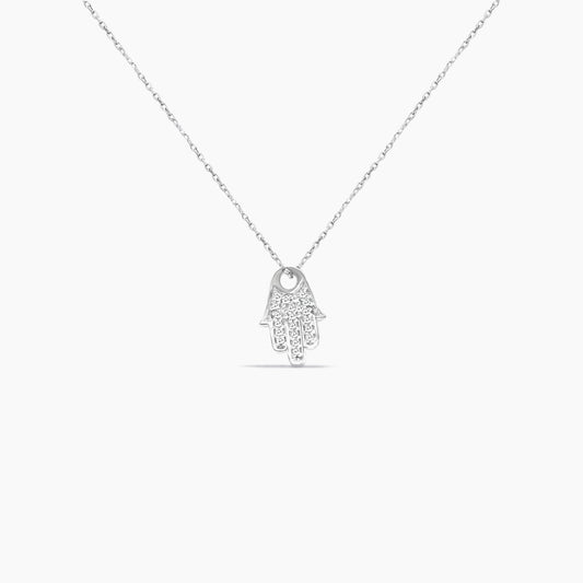 14K White Gold Hamsa Hand Pendant with Chain & Diamond – 18"