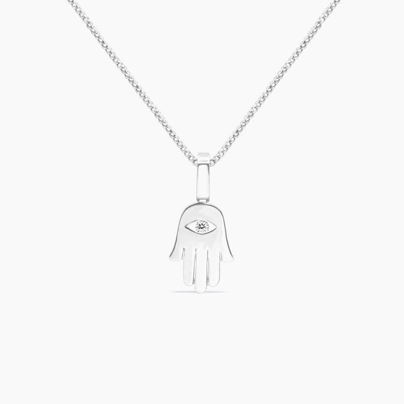 14K White Gold Hamsa Hand Pendant with Chain & Diamond – 20