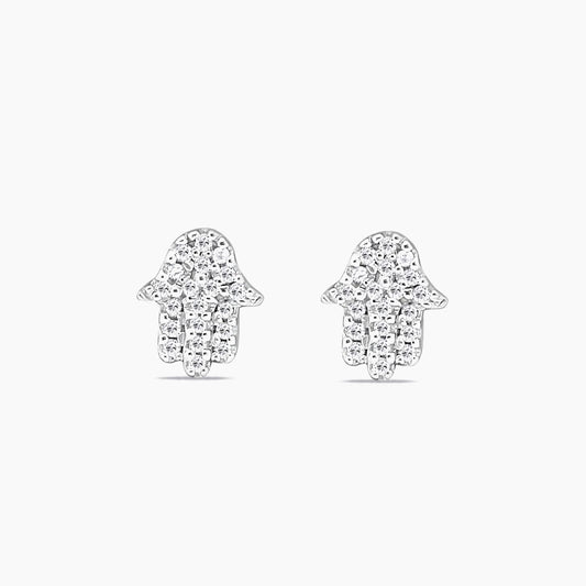 14K White Gold Hamsa Hand Stud Earrings with 0.10ct Diamonds