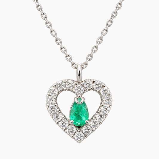 14K White Gold Heart Chain & Pendant with Diamonds & Emerald