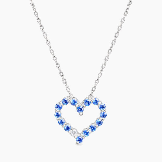 14K White Gold Heart Chain & Pendant with Diamonds & Sapphire
