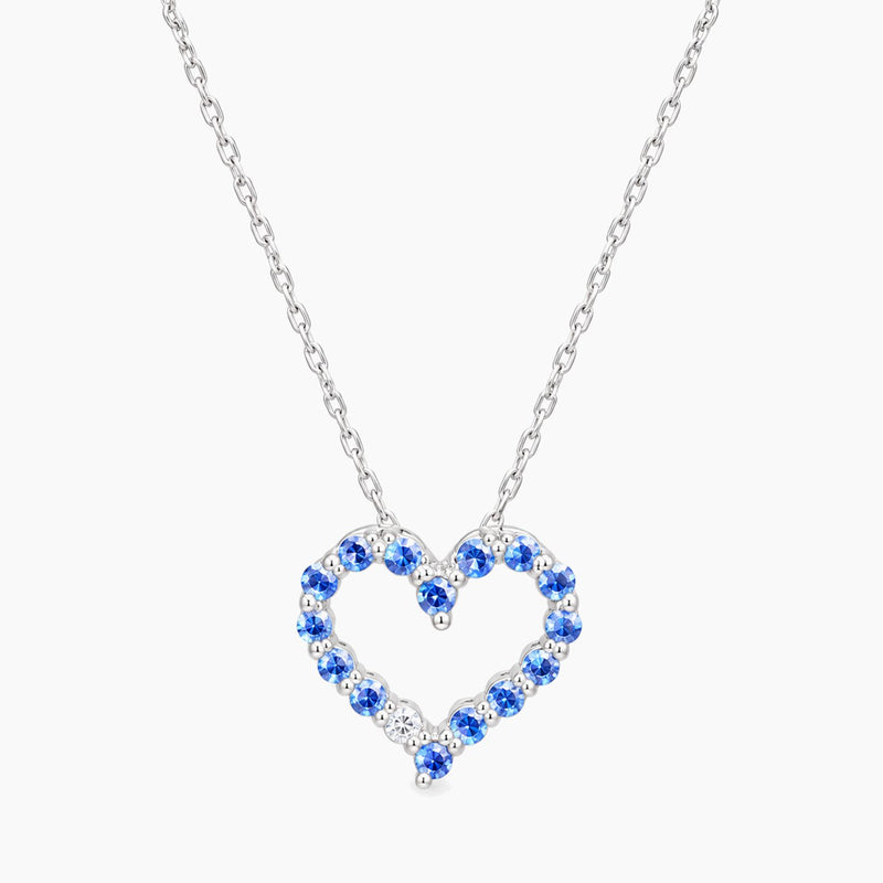 14K White Gold Heart Chain & Pendant with Diamonds & Sapphire