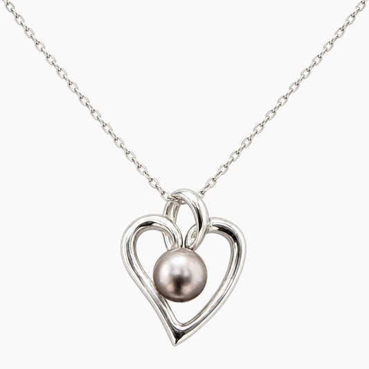 14K White Gold Heart Chain & Pendant with Black Pearl, 16", 2.6g