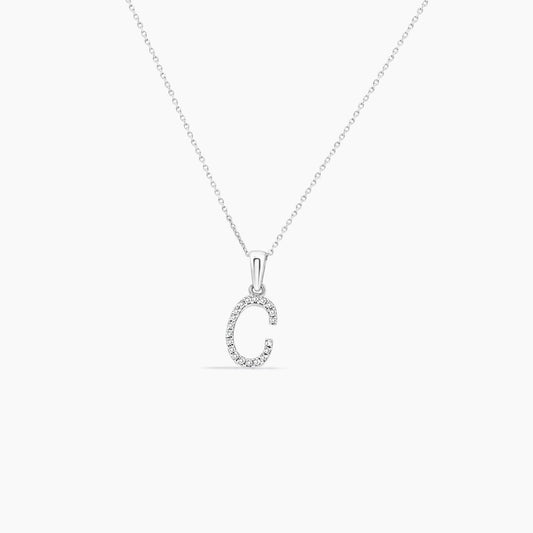 14K White Gold Letter “C” Pendant with Chain & Diamond – 18"
