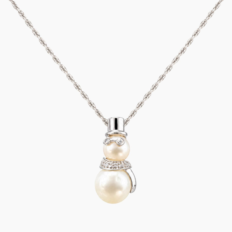 14K White Gold 2.8g 0.05 ct Natural Diamond & Pearl Snowman Chain & Pendant 16