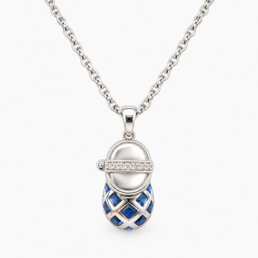 14K White Gold Shoe Chain & Pendant with Diamonds & Sapphire