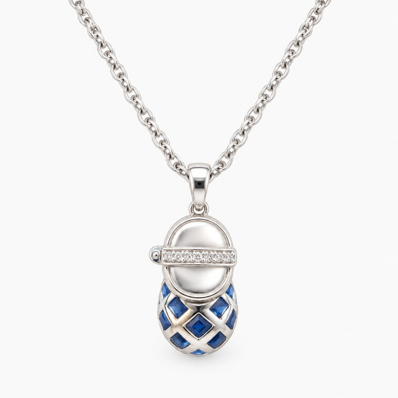 14K White Gold Shoe Chain & Pendant with Diamonds & Sapphire