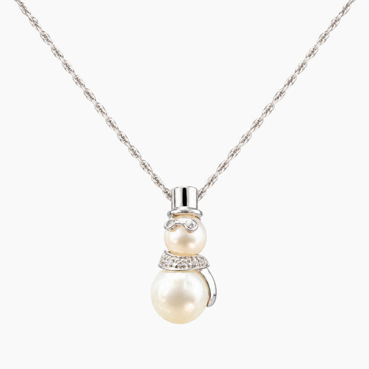 14K White Gold Snowman Chain & Pendant with Diamonds & Pearl