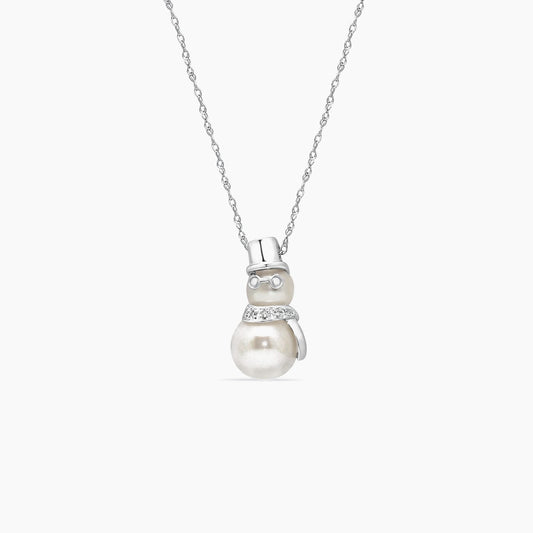 14K White Gold Snowman Pendant with Chain, Diamond & Pearl – 17"