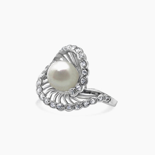 14K White Gold Vintage Ring 0.50 ct Natural Diamonds & Pearl