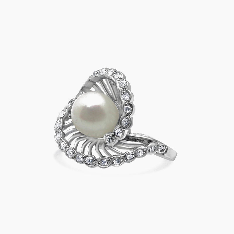 14K White Gold Vintage Ring 0.50 ct Natural Diamonds & Pearl