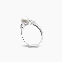 14K White Gold Women Ring 0.04 ct Natural Diamonds & Pearl