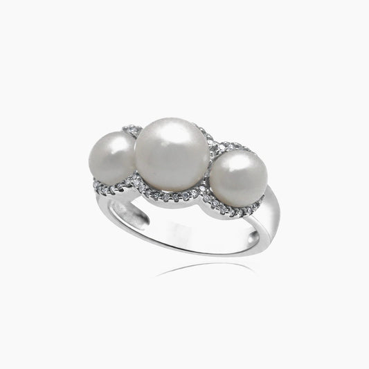 14K White Gold Women Ring 0.25 ct Natural Diamonds & Pearl