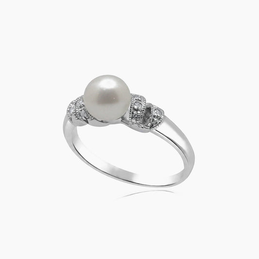 14K White Gold Women Ring 0.04 ct Natural Diamonds & Pearl
