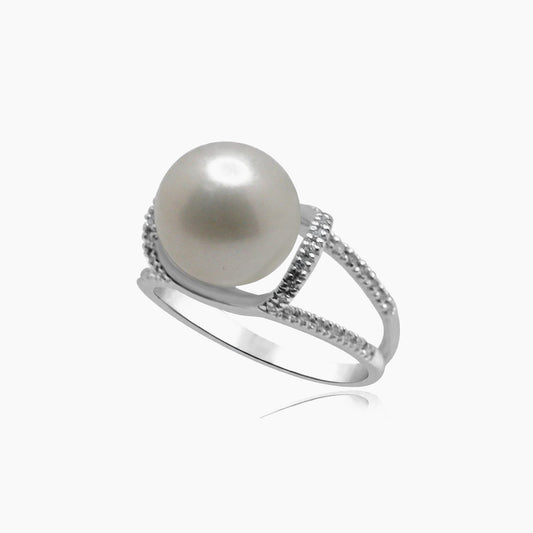 14K White Gold Women Ring 0.25 ct Natural Diamonds & Pearl