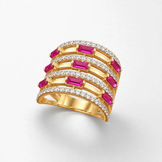 14K Yellow Gold Band Ring Cubic Zirconia & Pink Baguette Stones
