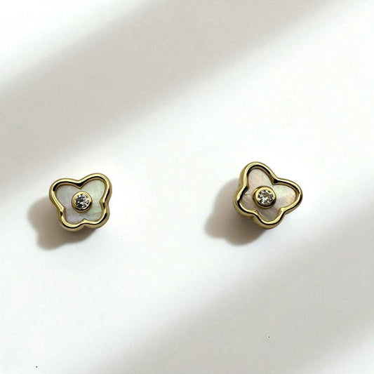 14K YG Butterfly Mother of Pearl & Cubic Zirconia Earrings