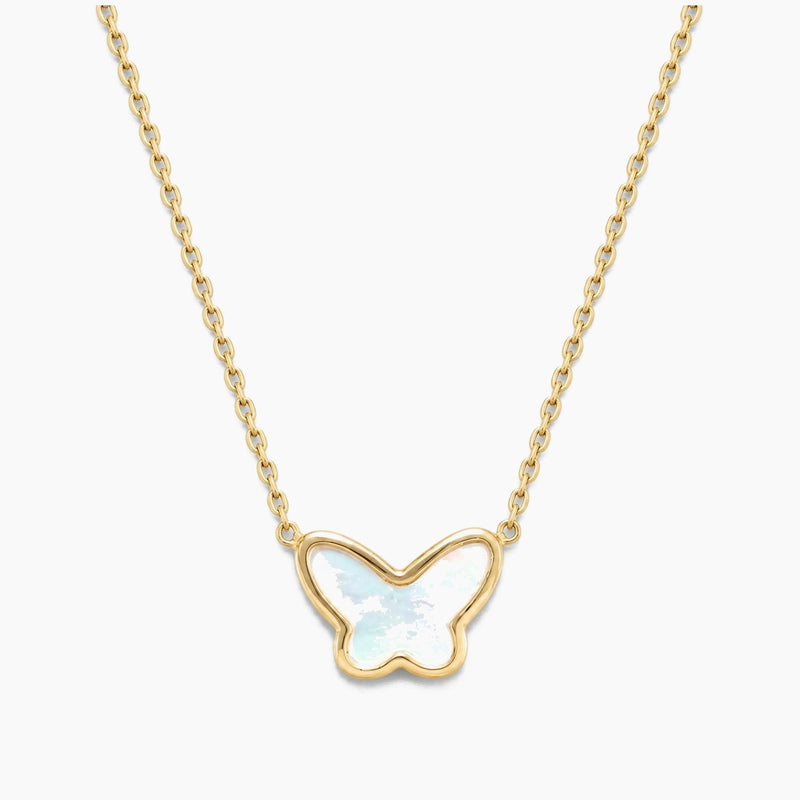 14K Yellow Gold Butterfly Necklace with Mother of Pearl, 16.5