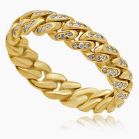 14K Yellow Gold Cuban Link Ring with Natural Diamonds, Size 8.5