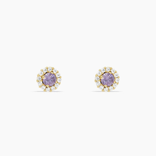14K Yellow Gold CZ Stud Earrings with Purple Center Stone, 5mm