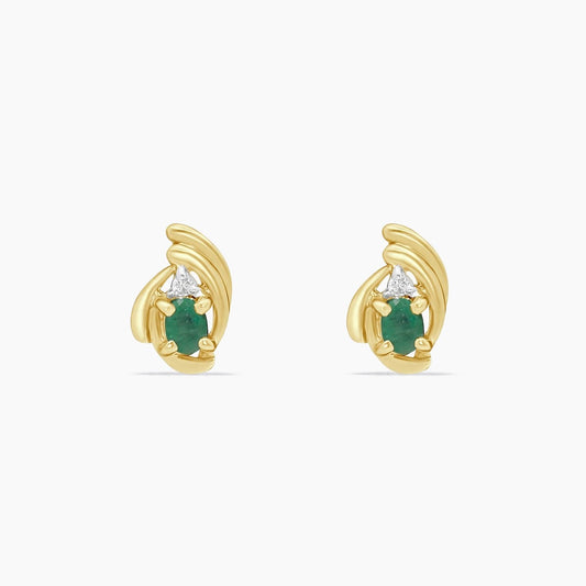 14K Yellow Gold Diamond & Emerald Stud Earrings, 0.02 ct, 10mm