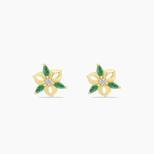 14K Yellow Gold Diamond & Emerald Stud Earrings, 0.02 ct, 12mm