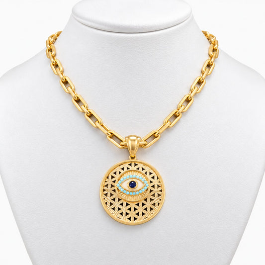 14K Yellow Gold Paperclip Chain & Evil Eye Pendant, 18", 20.6g