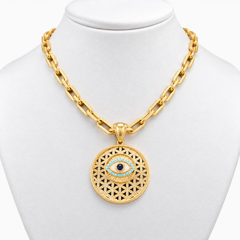 14K Yellow Gold Paperclip Chain & Evil Eye Pendant, 18