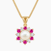 14K Yellow Gold Floral Chain & Pendant with Diamonds & Ruby