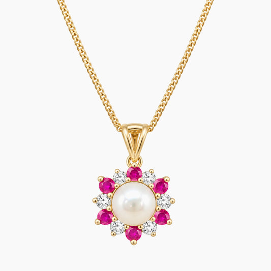 14K Yellow Gold Floral Chain & Pendant with Diamonds & Ruby