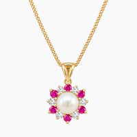 14K Yellow Gold Floral Chain & Pendant with Diamonds & Ruby