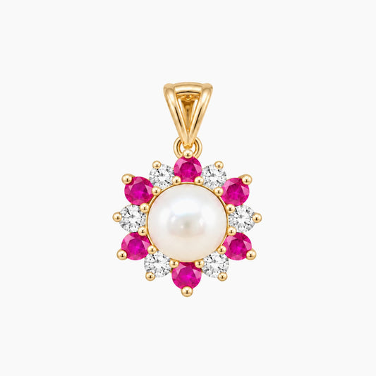 14K Yellow Gold Floral Pendant with 0.05 ct Diamonds & Ruby