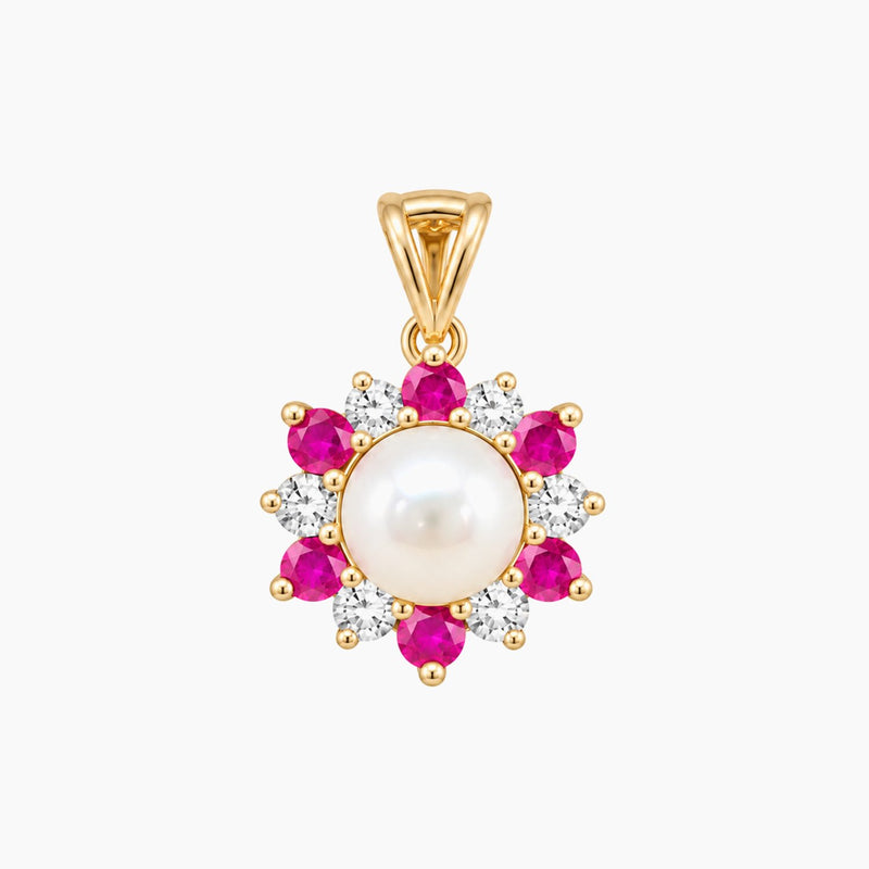 14K Yellow Gold Floral Pendant with 0.05 ct Diamonds & Ruby