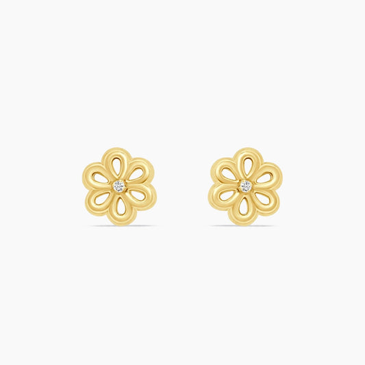 14K Yellow Gold Floral Stud Earrings with CZ Center, 7.5mm