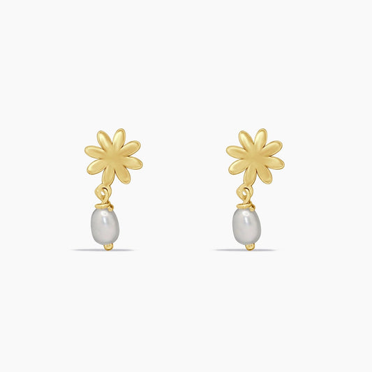 14K Yellow Gold Flower Drop Earrings with Pearl, 14mm