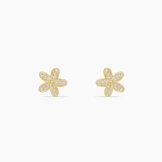 14K Yellow Gold Flower Stud Earrings with Cubic Zirconia, 9.5mm