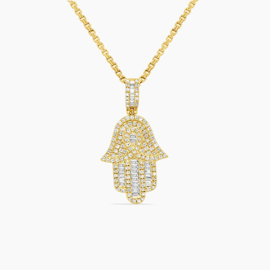 14K Yellow Gold Hamsa Hand Pendant with 1.00 ct Diamond – 30mm