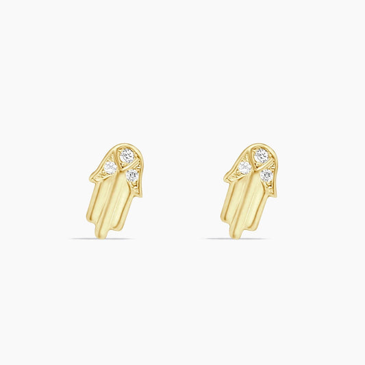 14K Yellow Gold Hamsa Hand Stud Earrings with CZ, 7.5mm