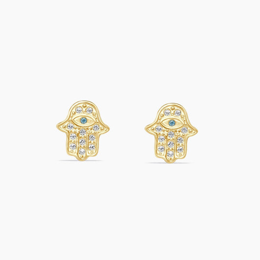 14K Yellow Gold Hamsa Hand Stud Earrings with Cubic Zirconia, 8mm