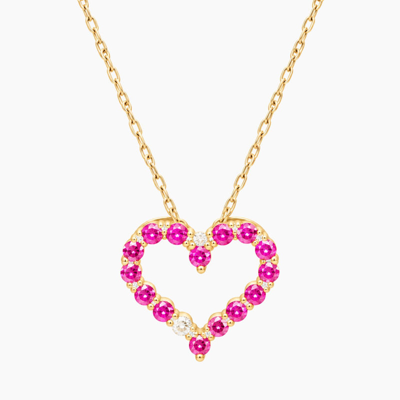 14K Yellow Gold Heart Chain & Pendant with Diamonds & Ruby