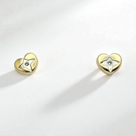 14K Yellow Gold Heart Cross Cubic Zirconia Earrings
