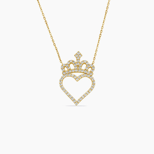 14K Yellow Gold Heart & Crown Pendant Necklace with CZ – 17"