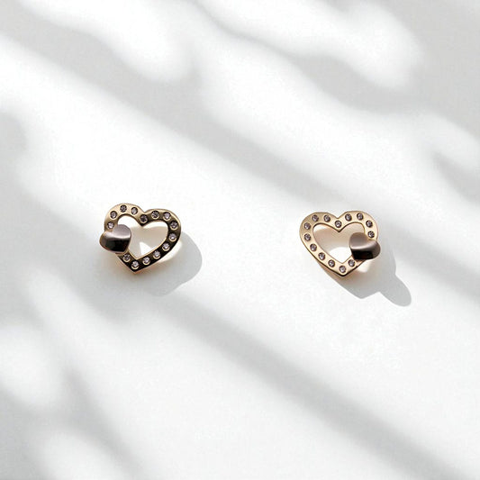 14K Yellow Gold Heart Frame Cubic Zirconia Earrings