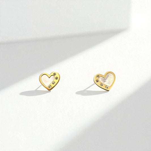 14K Yellow Gold Heart Mother of Pearl & Cubic Zirconia Earrings
