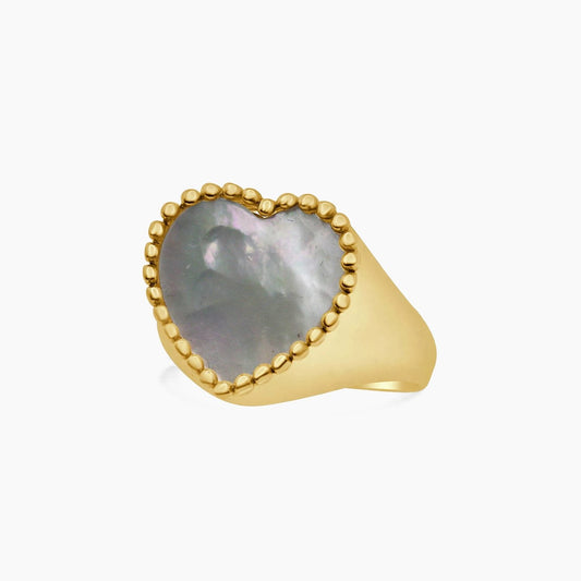 14K Yellow Gold Heart Ring Mother of Pearl, Size 8.25, 5.3g