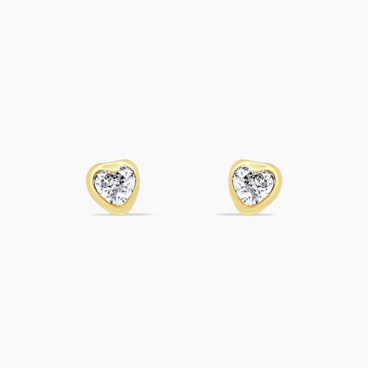 14K Yellow Gold Heart Stud Earrings with CZ Center, 4mm