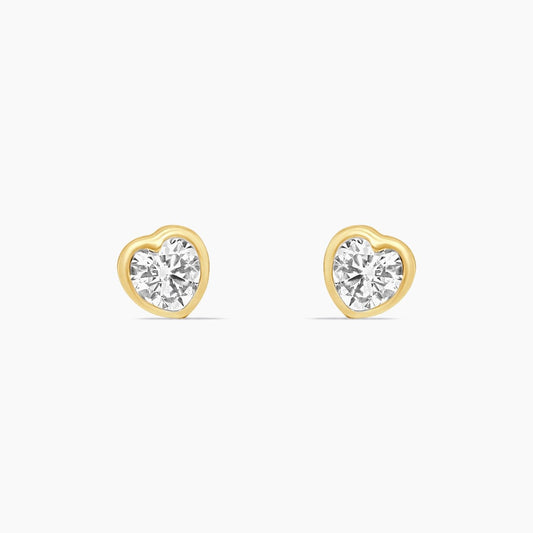 14K Yellow Gold Heart Stud Earrings with Cubic Zirconia, 6mm