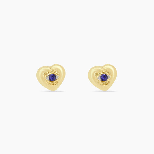 14K Yellow Gold Heart Stud Earrings with CZ & Evil Eye, 7mm